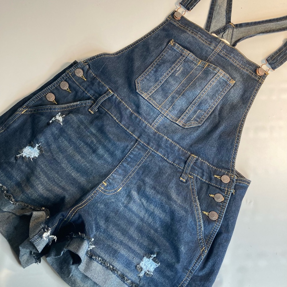 Jordache vintage blue denim bibs shorts large